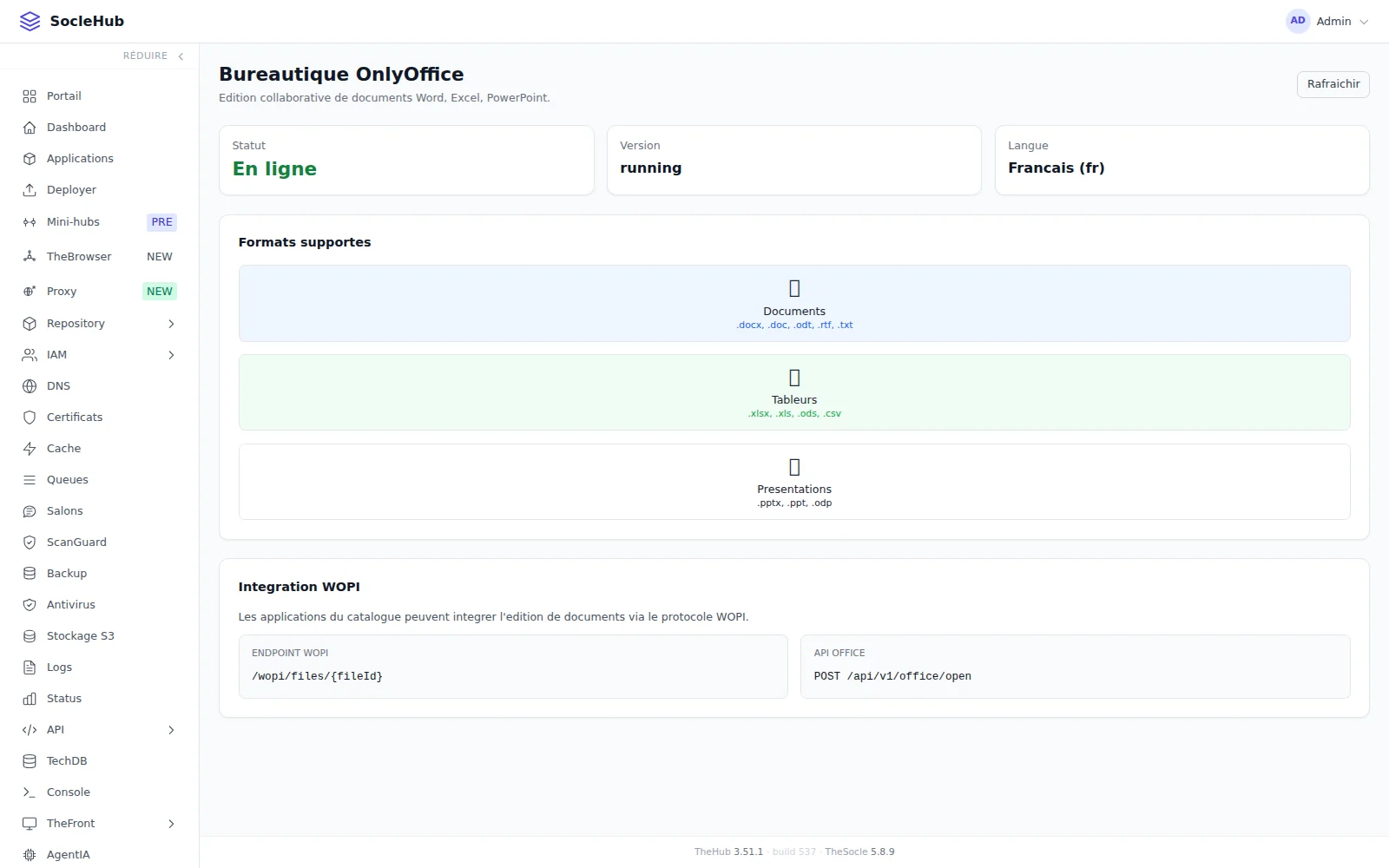 La page Bureautique OnlyOffice de la console du Hub thesocle.net : statut En ligne, langue française, formats pris en charge et intégration WOPI