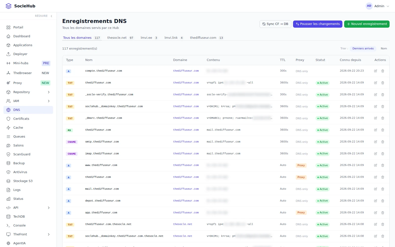 L'écran DNS : les onglets par domaine, les boutons de synchronisation, et les enregistrements les plus récents