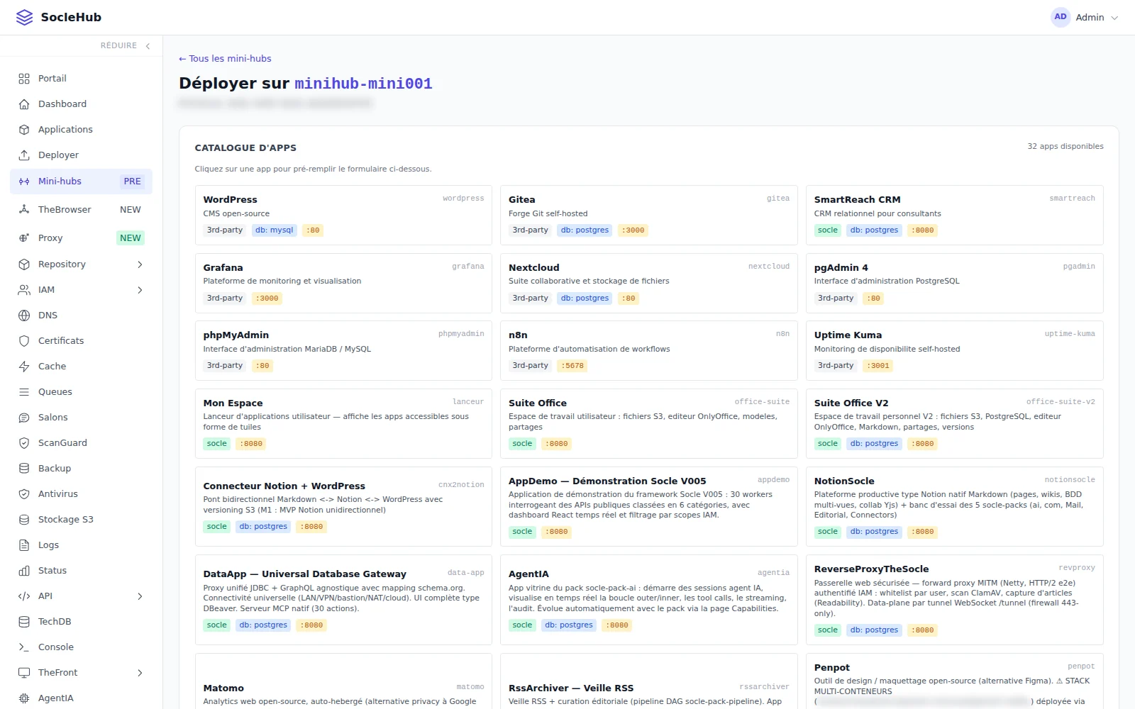 Déployer sur minihub-mini001 : le catalogue d'applications