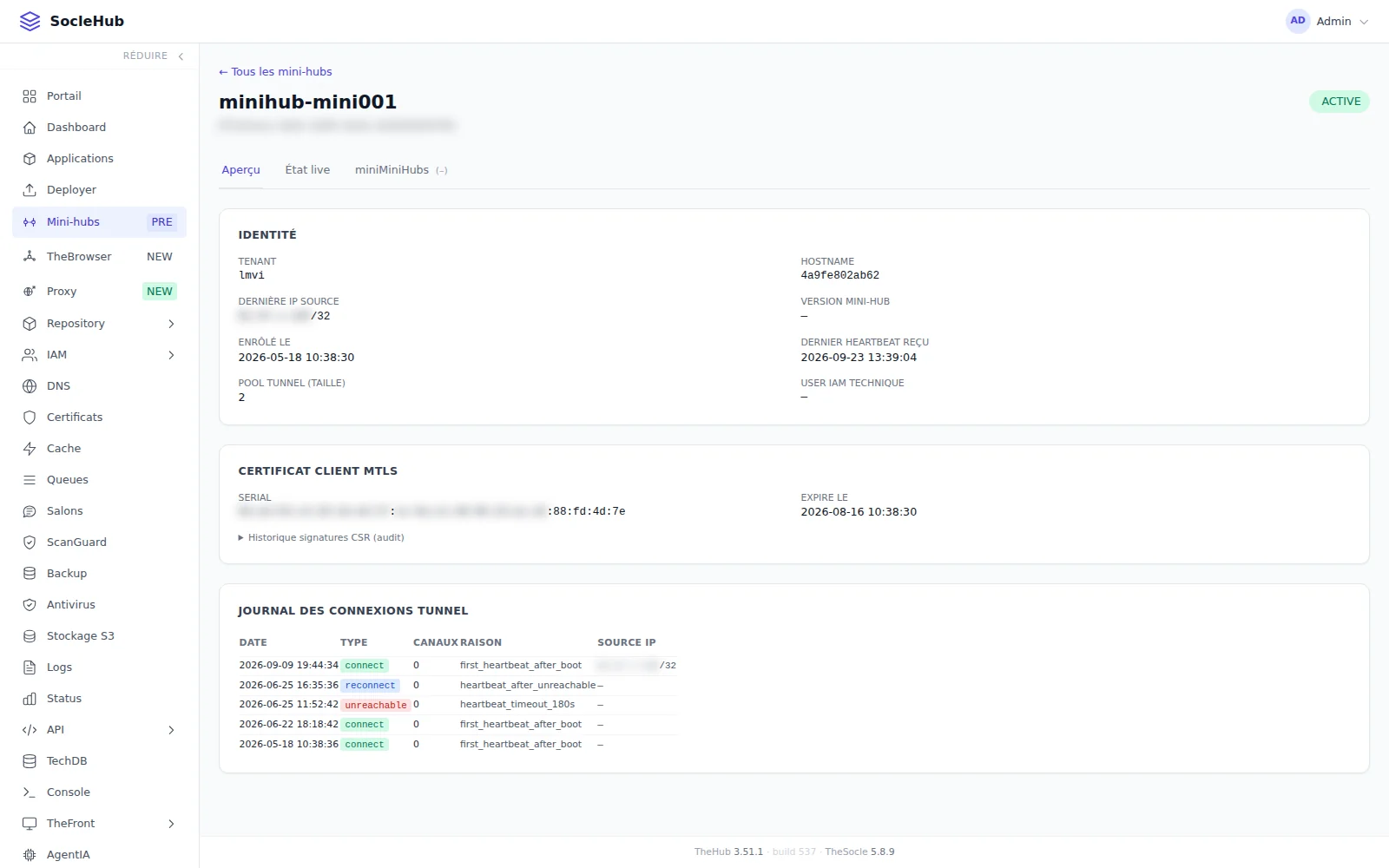 La fiche de minihub-mini001 : identité, certificat mTLS, journal du tunnel