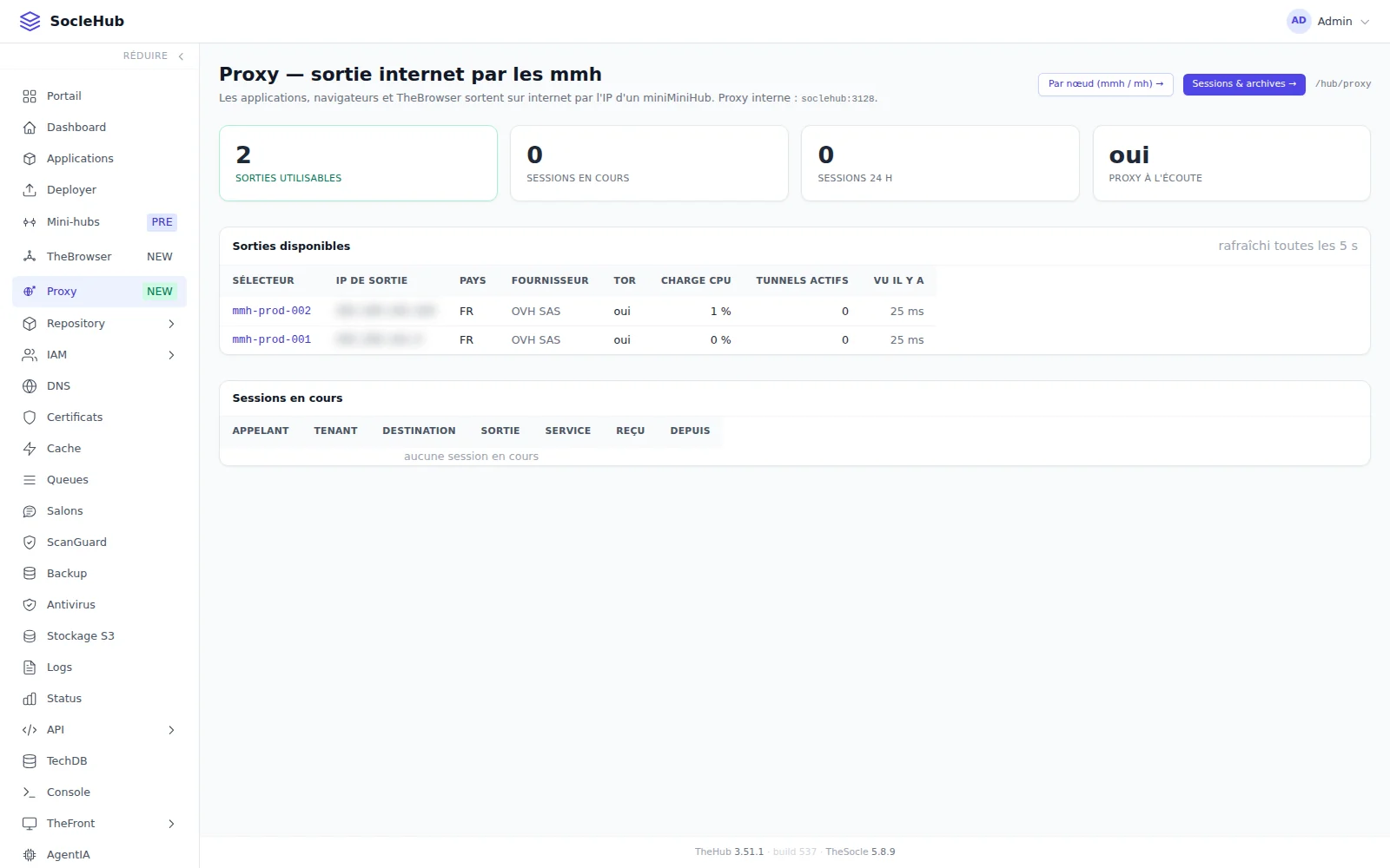 Proxy — sortie internet par les mmh : les sorties disponibles et les sessions en cours