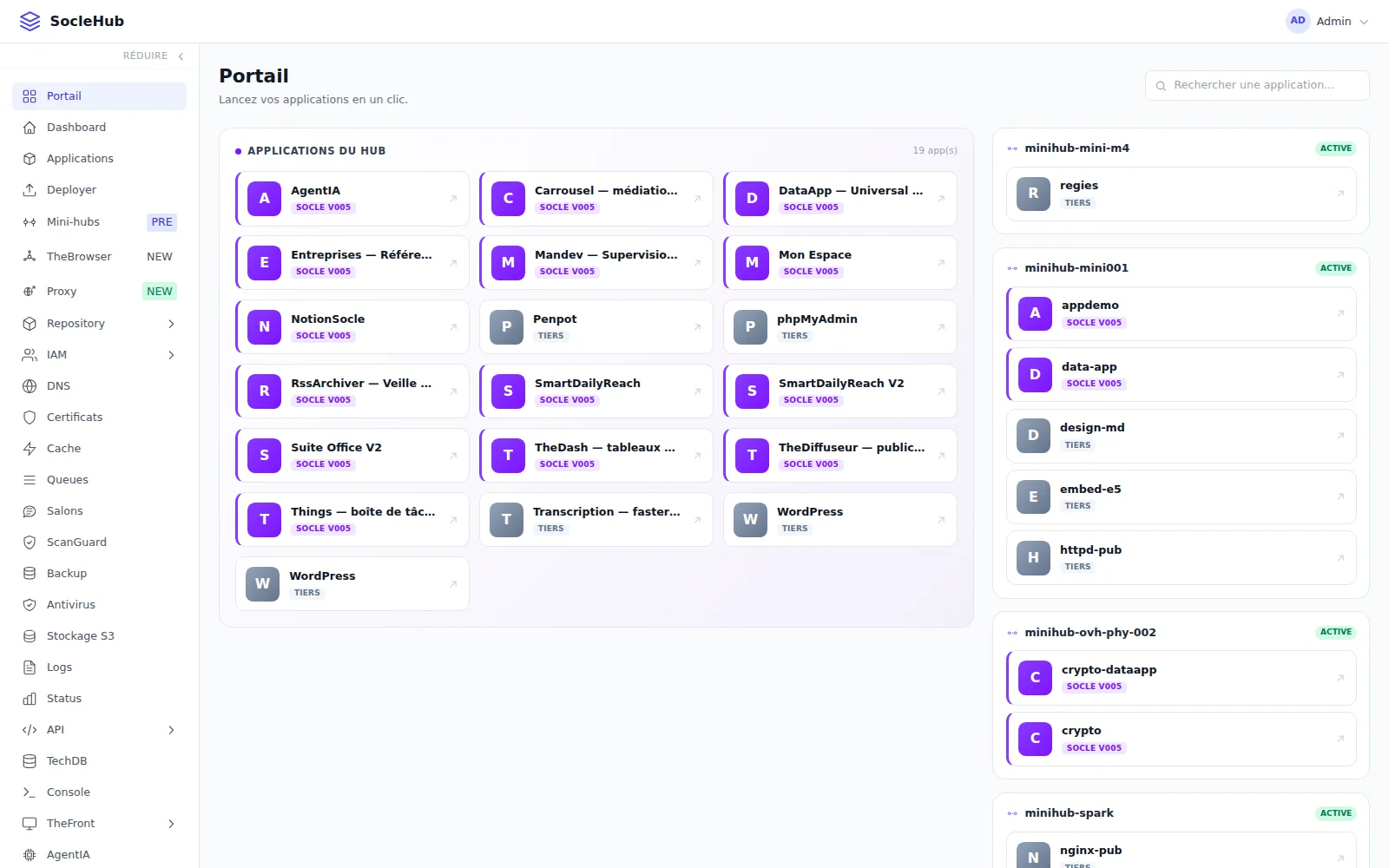 Le Portail : dix-neuf applications du Hub à gauche, les applications de chaque minihub à droite
